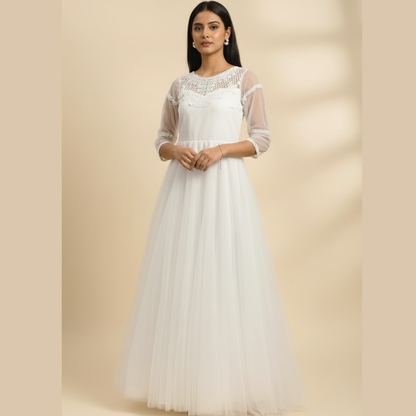 Back view of White Bridal Gown Satin with Train showing train and closure detail — GownLink GLHMST18