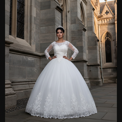 White Christian bridal ball gown by GownLink designed with a fitted lace bodice and elegant styling