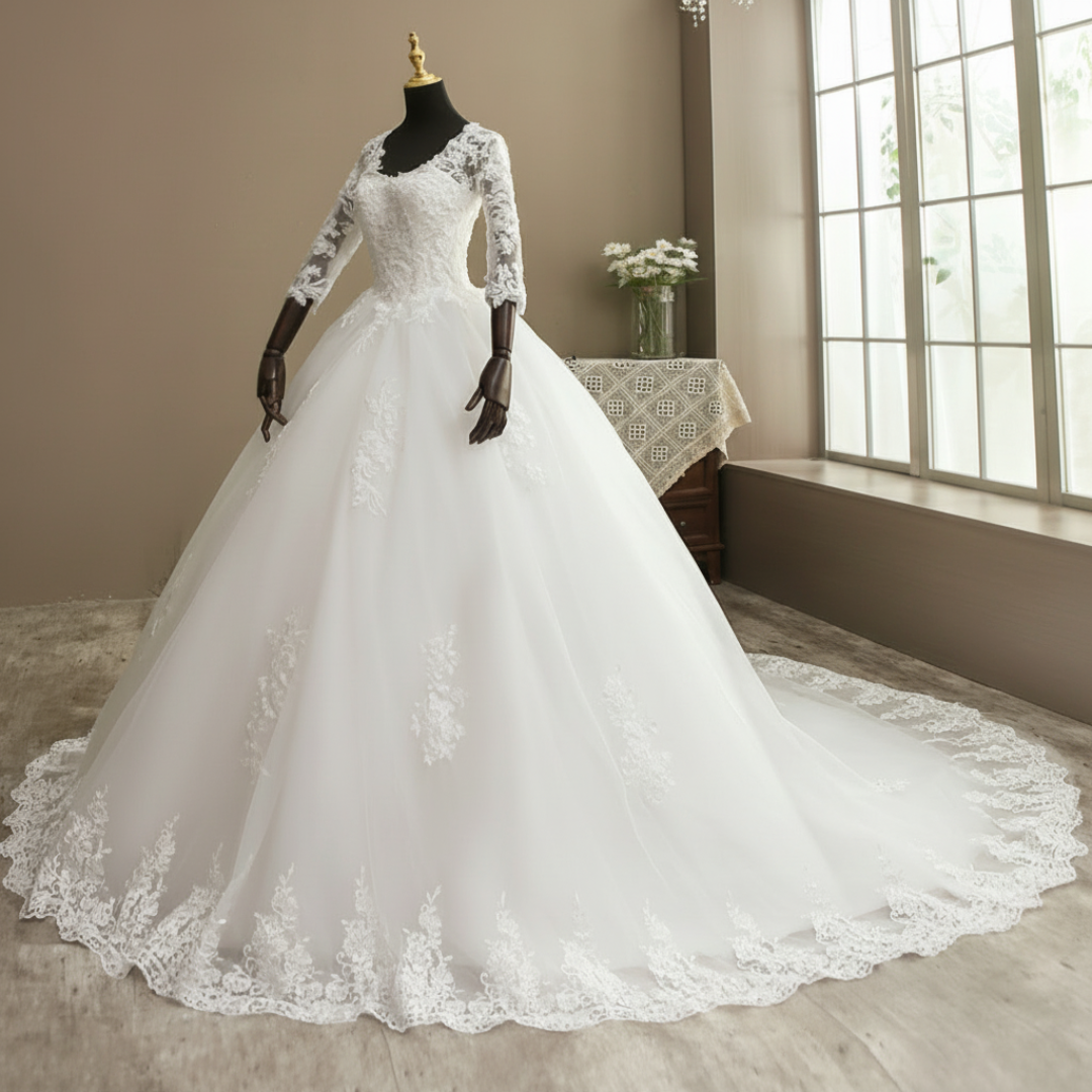 White Christian church wedding dress featuring a classic ball gown design and lace train