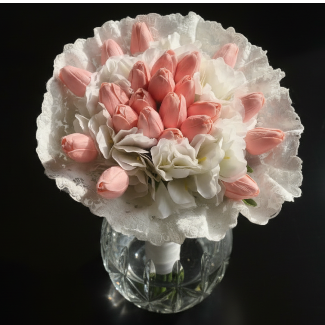 Front view of White Bridal Bouquet held by bride — GownLink B132