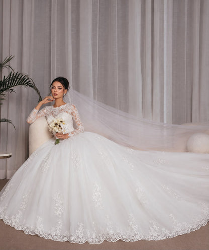 Back view of White Bridal Gown with Train on model against studio backdrop — GownLink GLCYF68