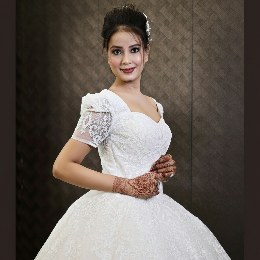 Front view of White Bridal Gown Sparkle with Train on model against studio backdrop — GownLink GLGT166T