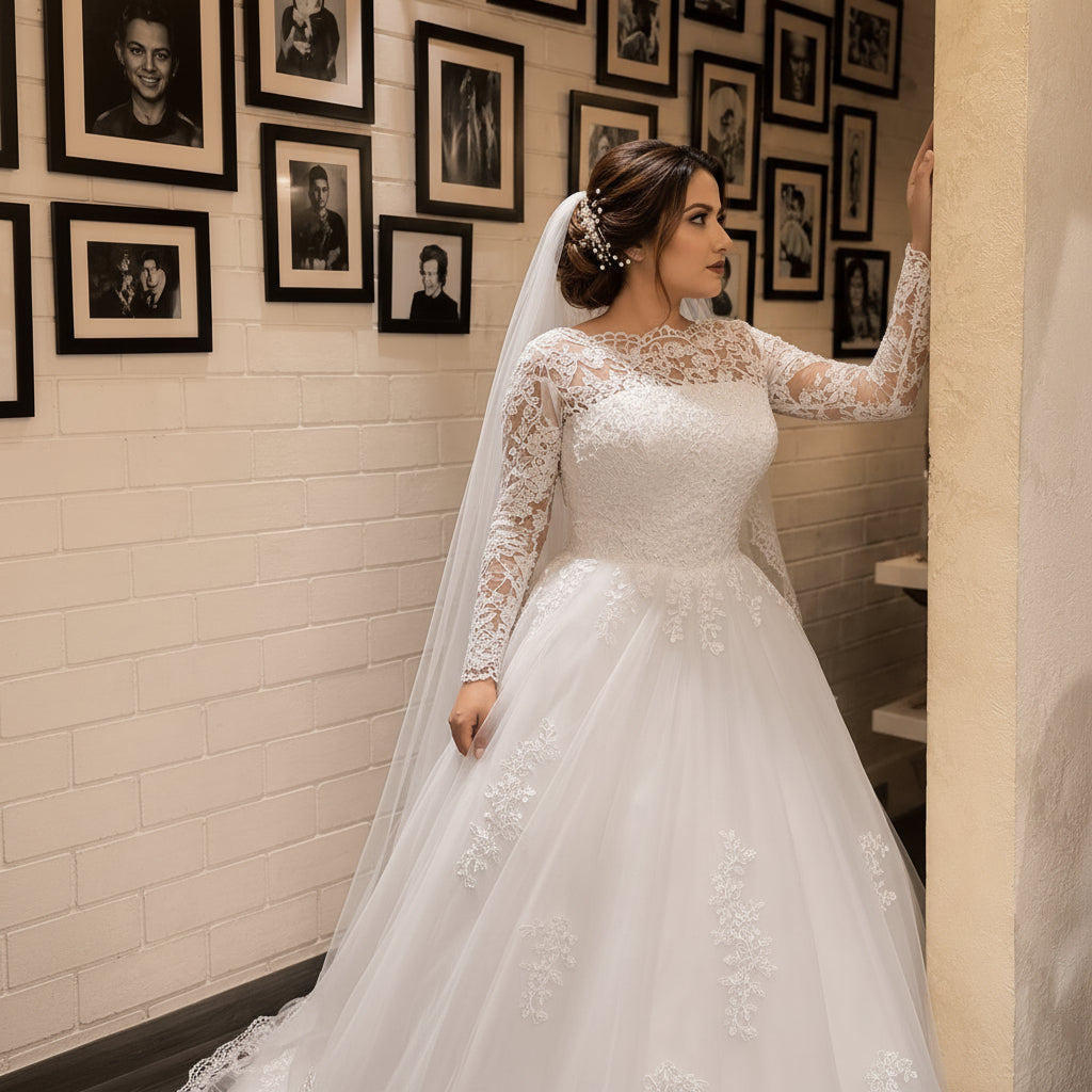 Close-up of lace and fabric detail on White Bridal Gown with Train — GownLink GLCYF68