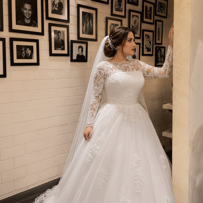 Close-up of lace and fabric detail on White Bridal Gown with Train — GownLink GLCYF68