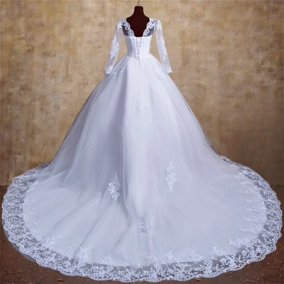 Back view of White Bridal Gown Lace with Train showing train and closure detail — GownLink BODICE
