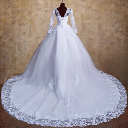 Back view of White Bridal Gown Lace with Train showing train and closure detail — GownLink BODICE