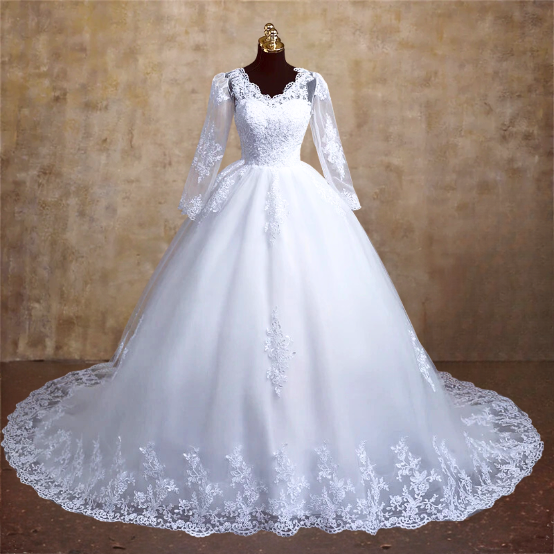Front view of White Bridal Gown Lace with Train on model against studio backdrop — GownLink BODICE