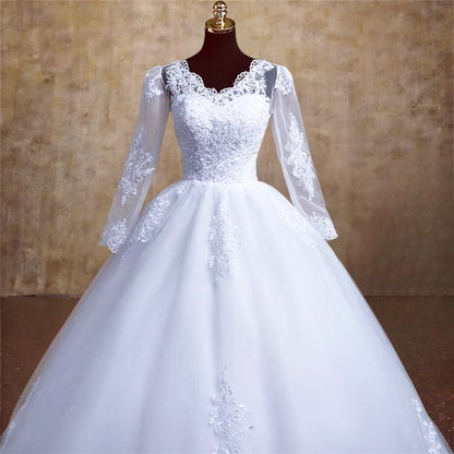 Full-length view of White Bridal Gown Lace with Train with train spread on floor — GownLink BODICE