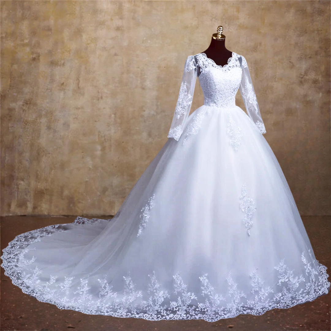 Close-up of lace and fabric detail on White Bridal Gown Lace with Train — GownLink BODICE