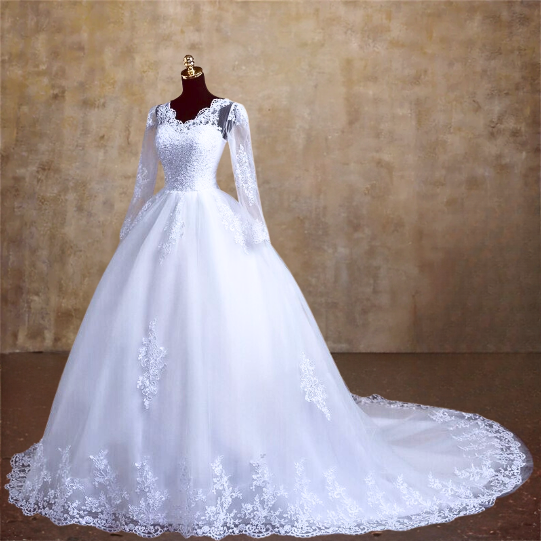 Side profile view of White Bridal Gown Lace with Train showing silhouette — GownLink BODICE