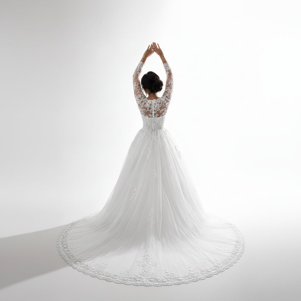 Sleeve detail close-up on White Bridal Gown with Train — GownLink GLCYF68