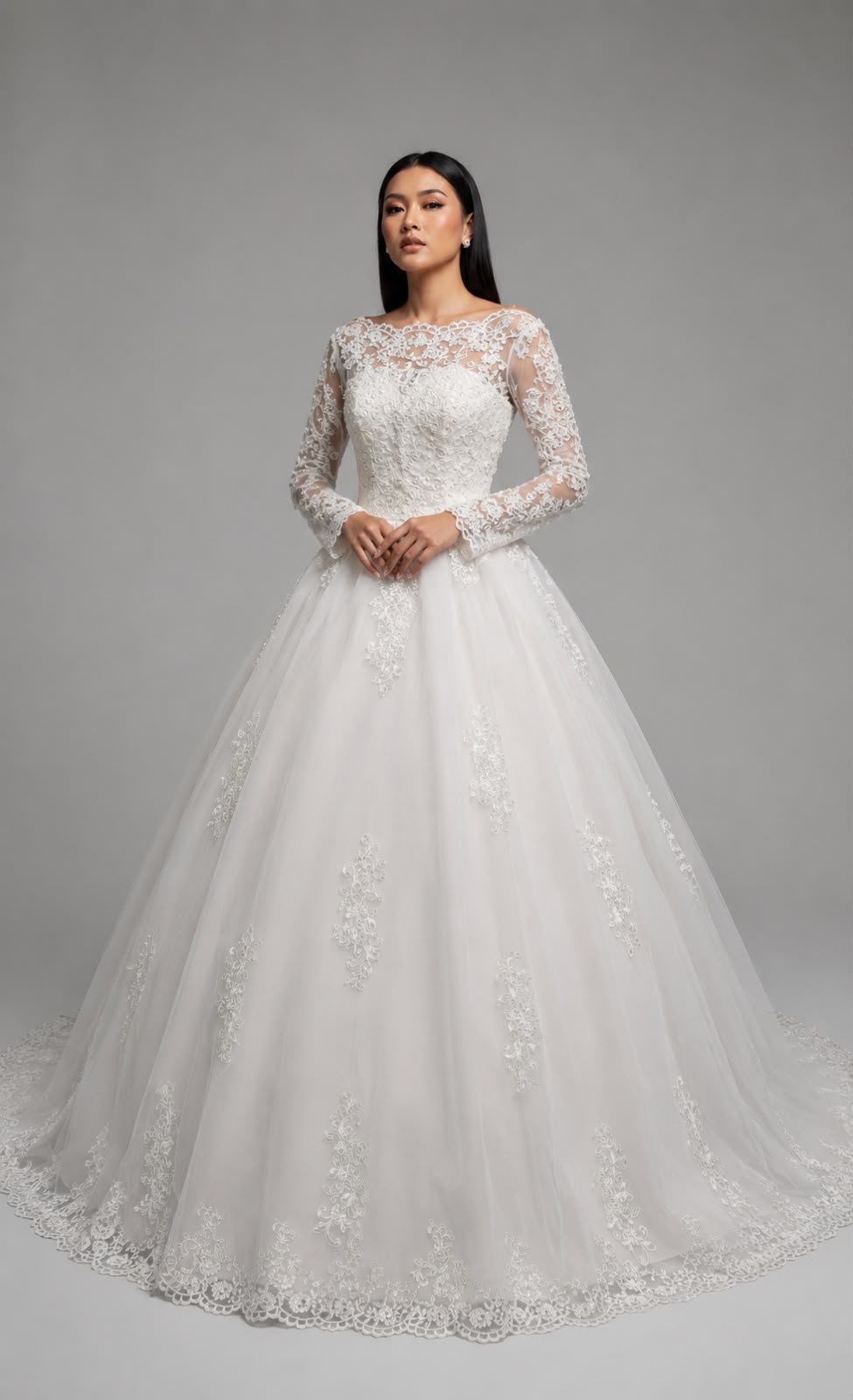 Three-quarter view of White Bridal Gown with Train on model — GownLink GLCYF68