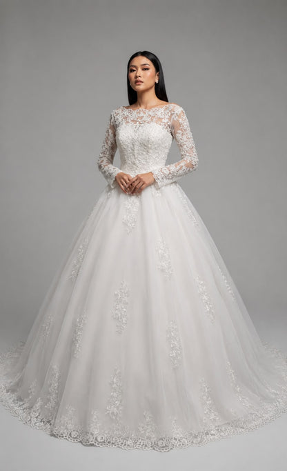Three-quarter view of White Bridal Gown with Train on model — GownLink GLCYF68