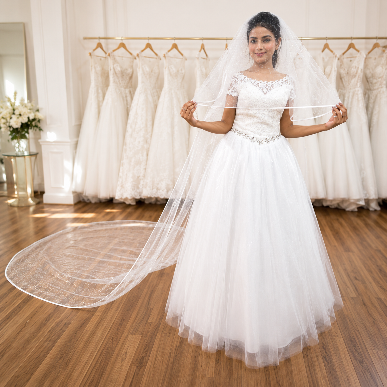 Front view of Cathedral Bridal Veil draped over model — GownLink GLVHS14