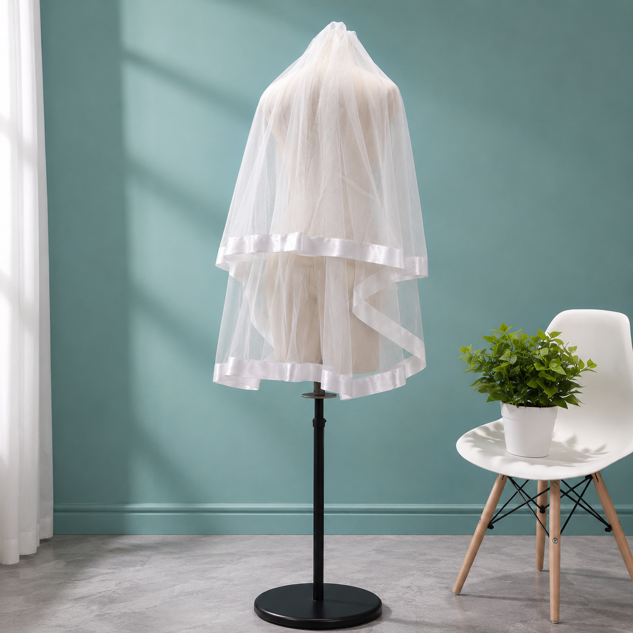 Back view of Short Bridal Veil showing full length and drape — GownLink GLVL