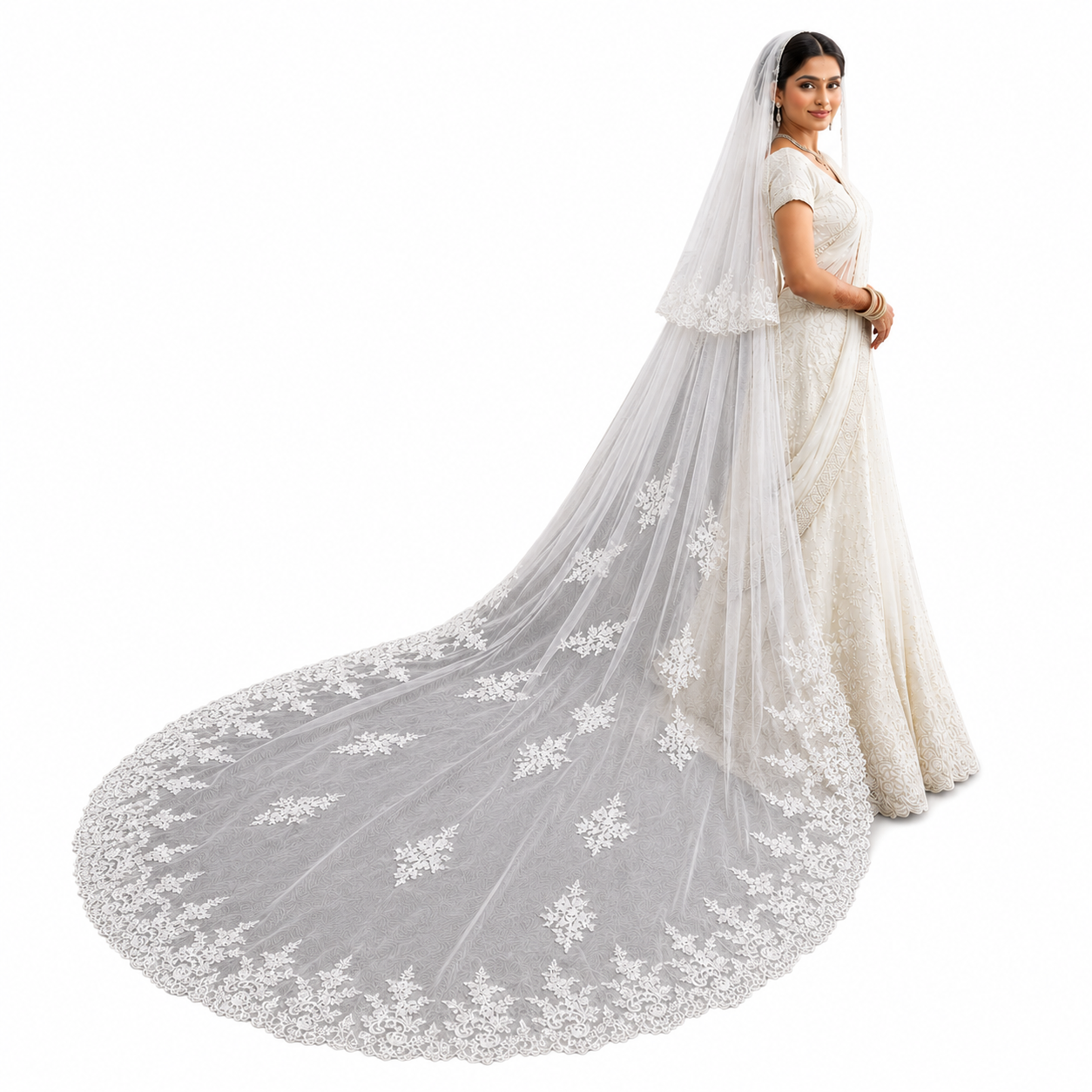 Christian wedding veil with cathedral-length lace train and floral embroidery.
White Christian wedding veil with elegant floral lace border.