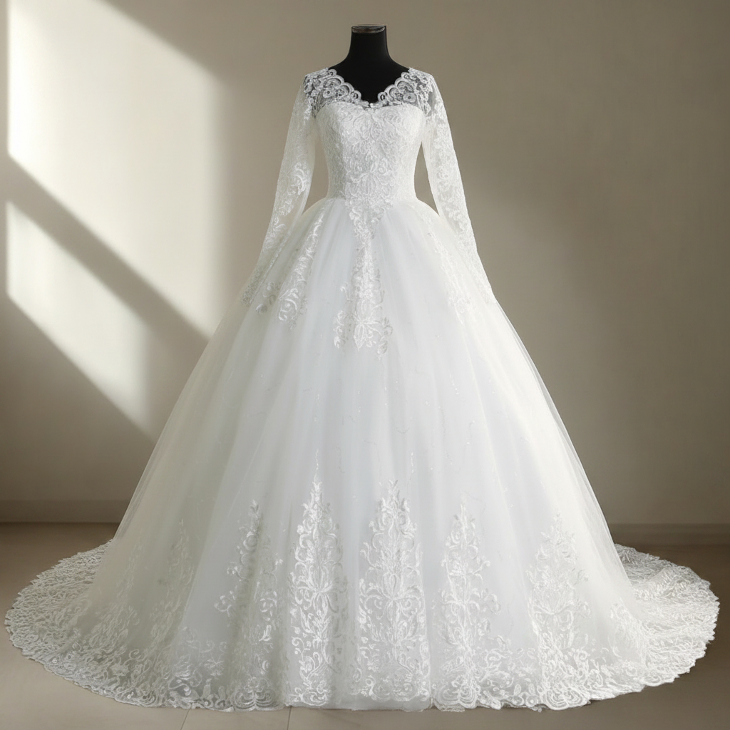 Royal long train wedding gown GLVLQD09T for Christian & Catholic brides across Kerala, Goa, Mangalore, Tamil Nadu & North-East India, plus NRI brides in USA, UK & Gulf