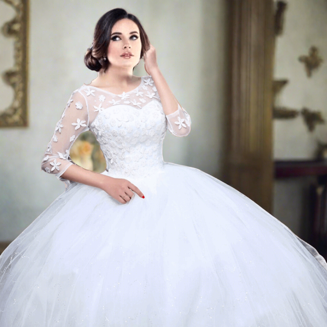 Close-up of lace and fabric detail on White Ball Gown — GownLink GLGZ521