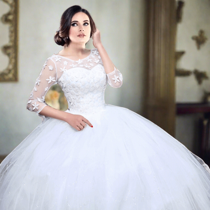 Close-up of lace and fabric detail on White Ball Gown — GownLink GLGZ521
