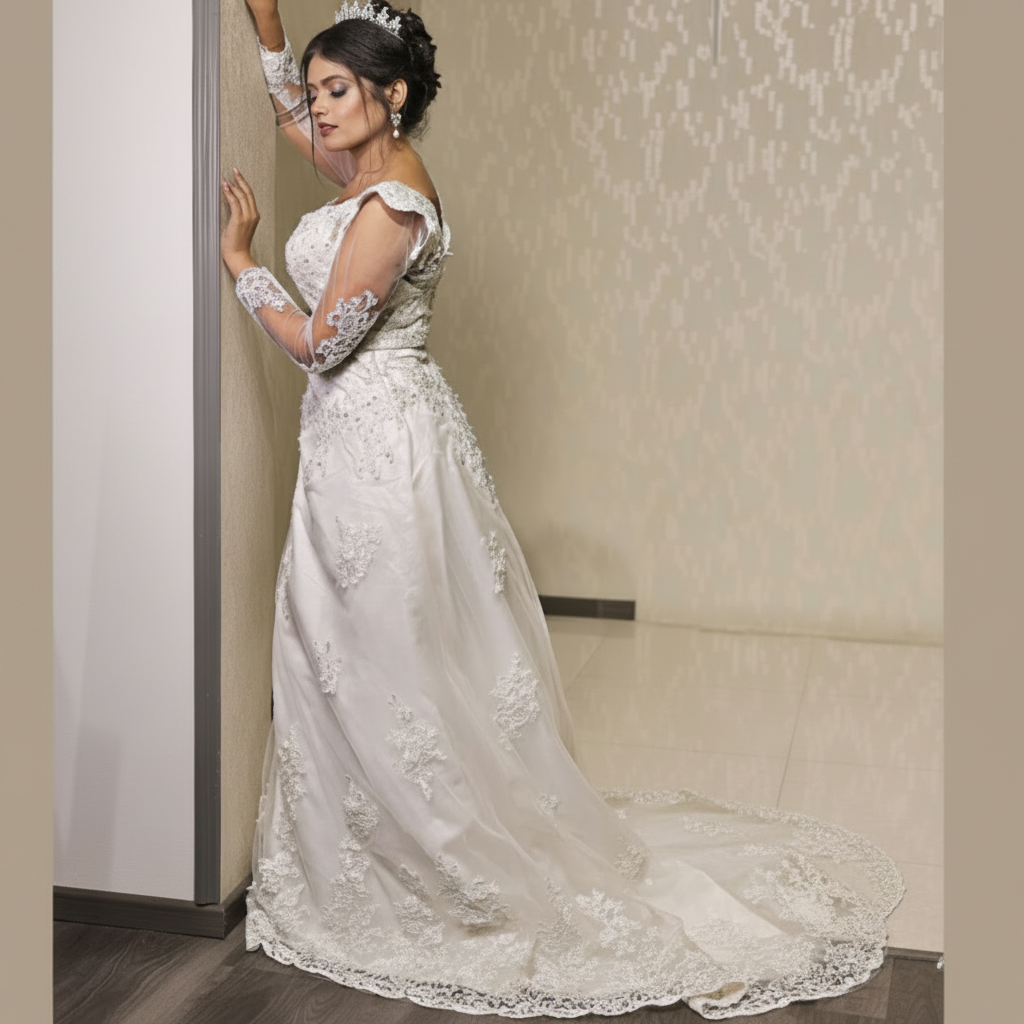 Side profile view of White A-Line with Sleeve Detail showing silhouette — GownLink GLGT4