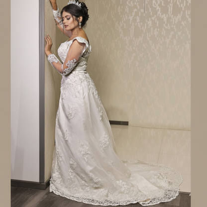 Side profile view of White A-Line with Sleeve Detail showing silhouette — GownLink GLGT4