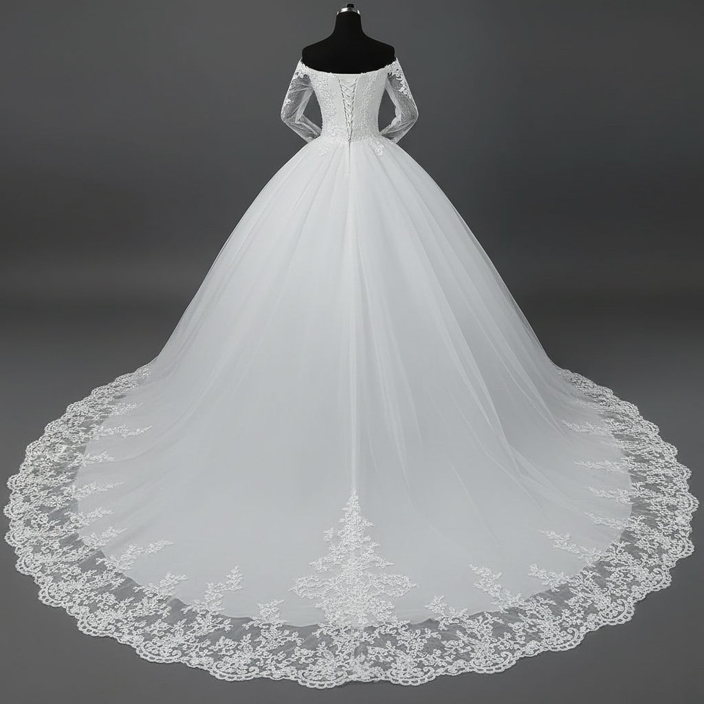 Back view of White Princess with Off-Shoulder showing train and closure detail — GownLink GLGF071SL