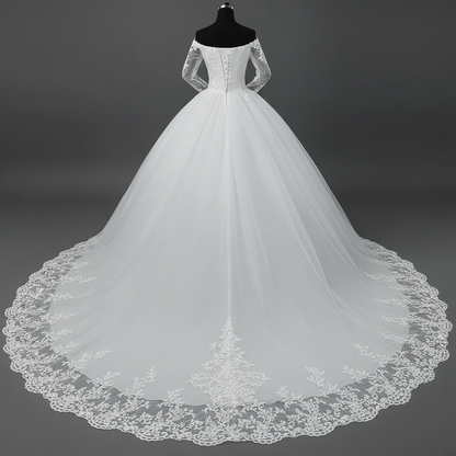 Back view of White Princess with Off-Shoulder showing train and closure detail — GownLink GLGF071SL