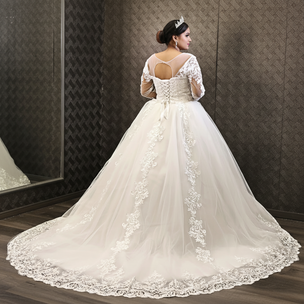 White Christian ball gown with intricate lace embroidery and flowing cathedral-length train