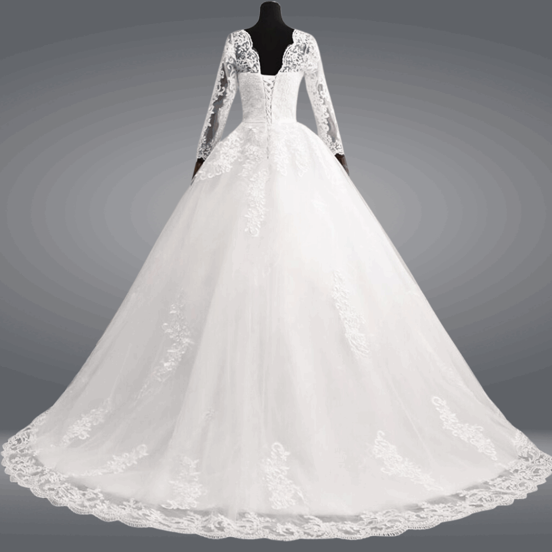 White lace bridal ball gown featuring floral embroidery and a full tulle skirt for Christian weddings