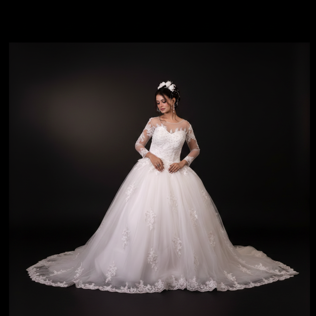 White Christian bridal ball gown with sheer lace sleeves and elegant cathedral train