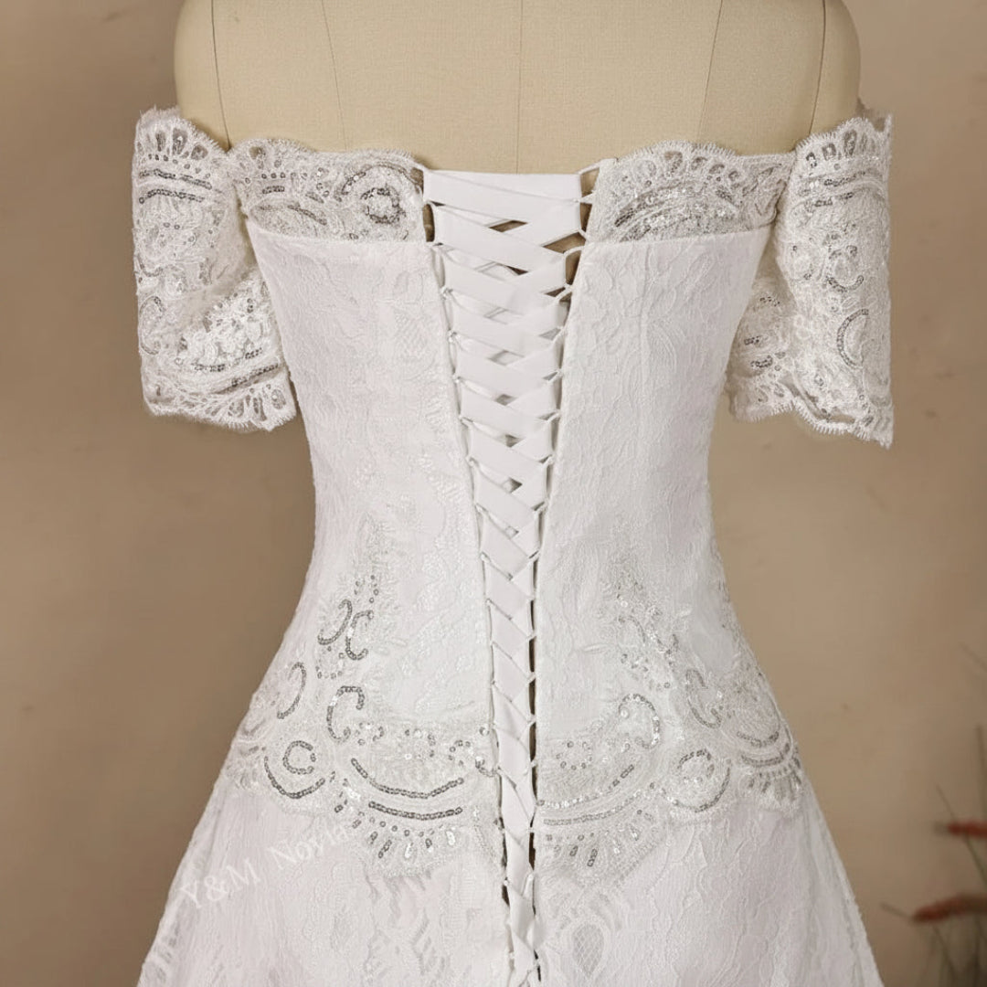 Full-length view of White Mermaid with Sleeve Detail with train spread on floor — GownLink GL8646T