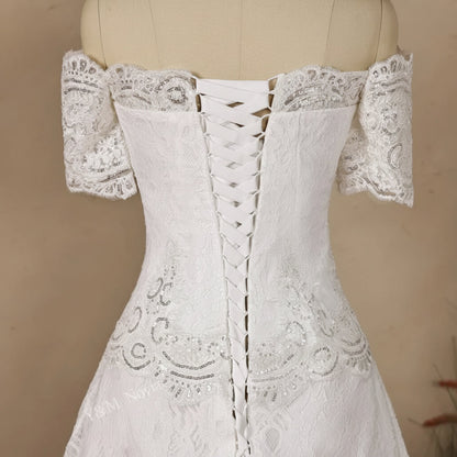 Full-length view of White Mermaid with Sleeve Detail with train spread on floor — GownLink GL8646T