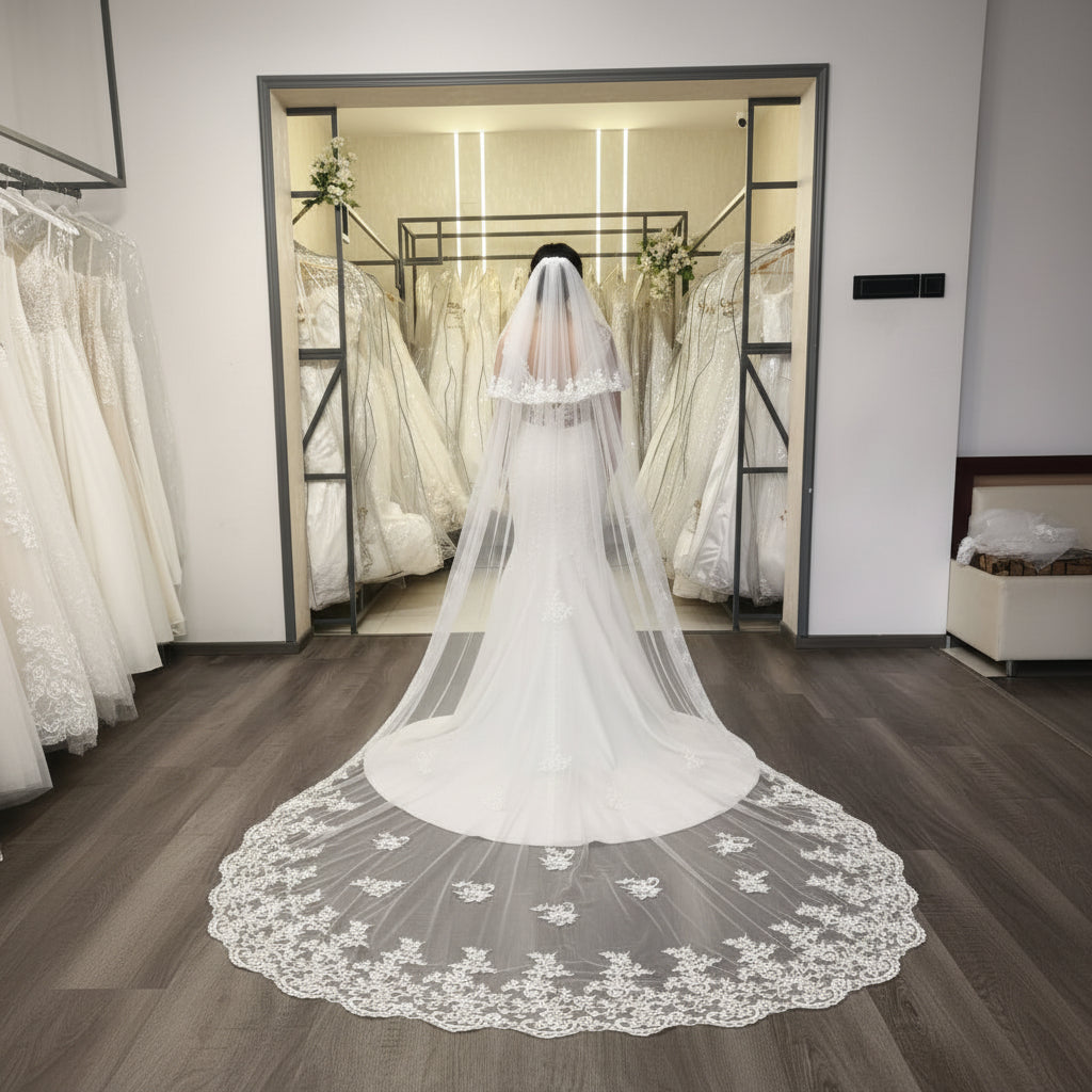 Front view of Cathedral Bridal Veil draped over model — GownLink GLVHM4