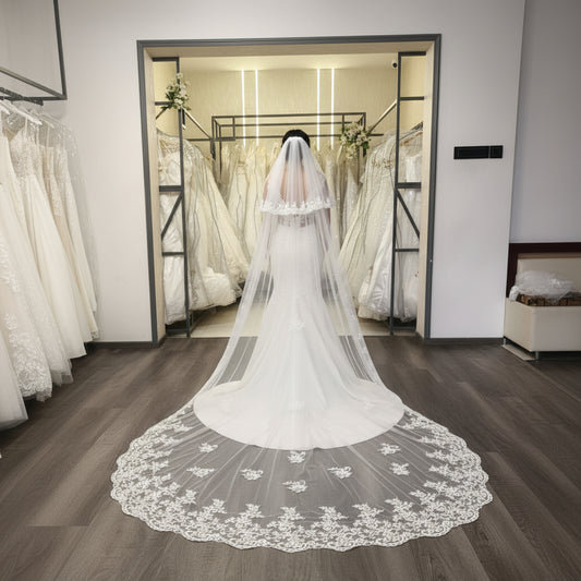 Front view of Cathedral Bridal Veil draped over model — GownLink GLVHM4