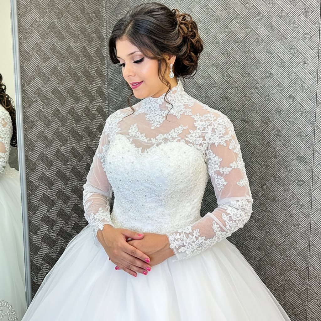 Side profile view of White Bridal Gown with High Neck showing silhouette — GownLink GLW20T