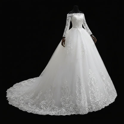 Side profile view of White Bridal Gown with Off Shoulder showing silhouette — GownLink GLQD09T