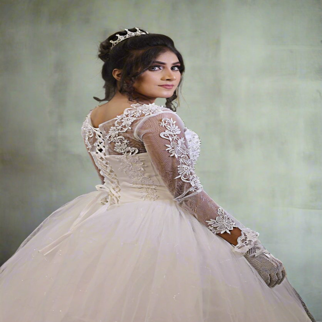 Close-up of lace and fabric detail on White Ball Gown — GownLink GLGF042