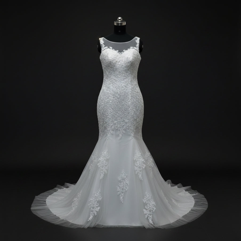 White lace Christian bridal mermaid dress with fitted silhouette and tulle train
