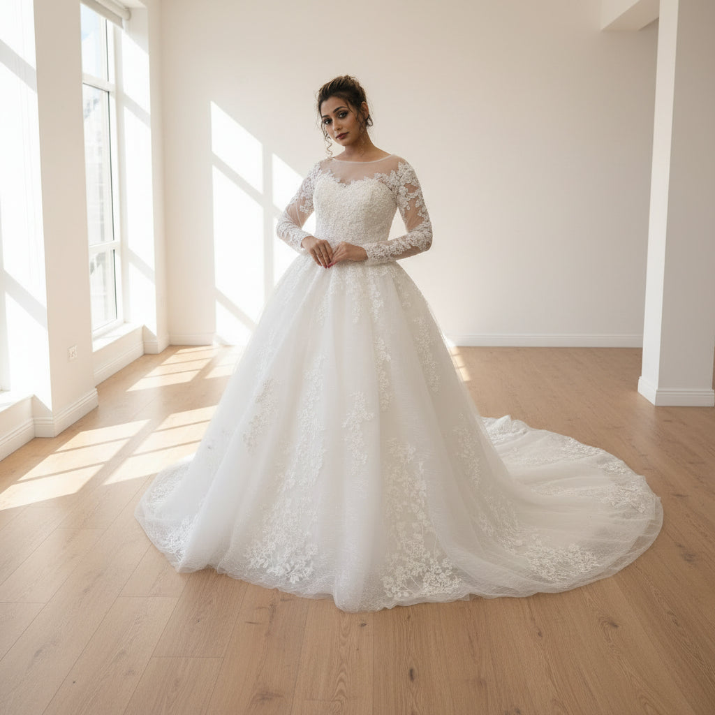 Back view of White Bridal Gown with Train showing train and closure detail — GownLink GLGT028