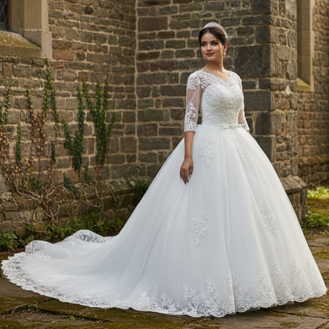 White lace Christian princess gown with embroidered details and luxurious train