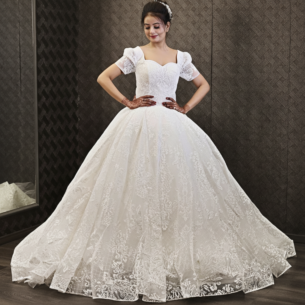 Detail of neckline and bodice on White Bridal Gown Sparkle with Train — GownLink GLGT166T