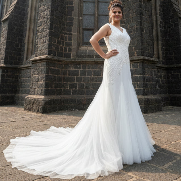 GownLink Christian wedding gown with elegant mermaid silhouette in front of a white church