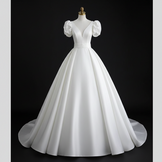 White Christian bridal ball gown featuring puff sleeves, sleek satin fabric, and a graceful chapel train