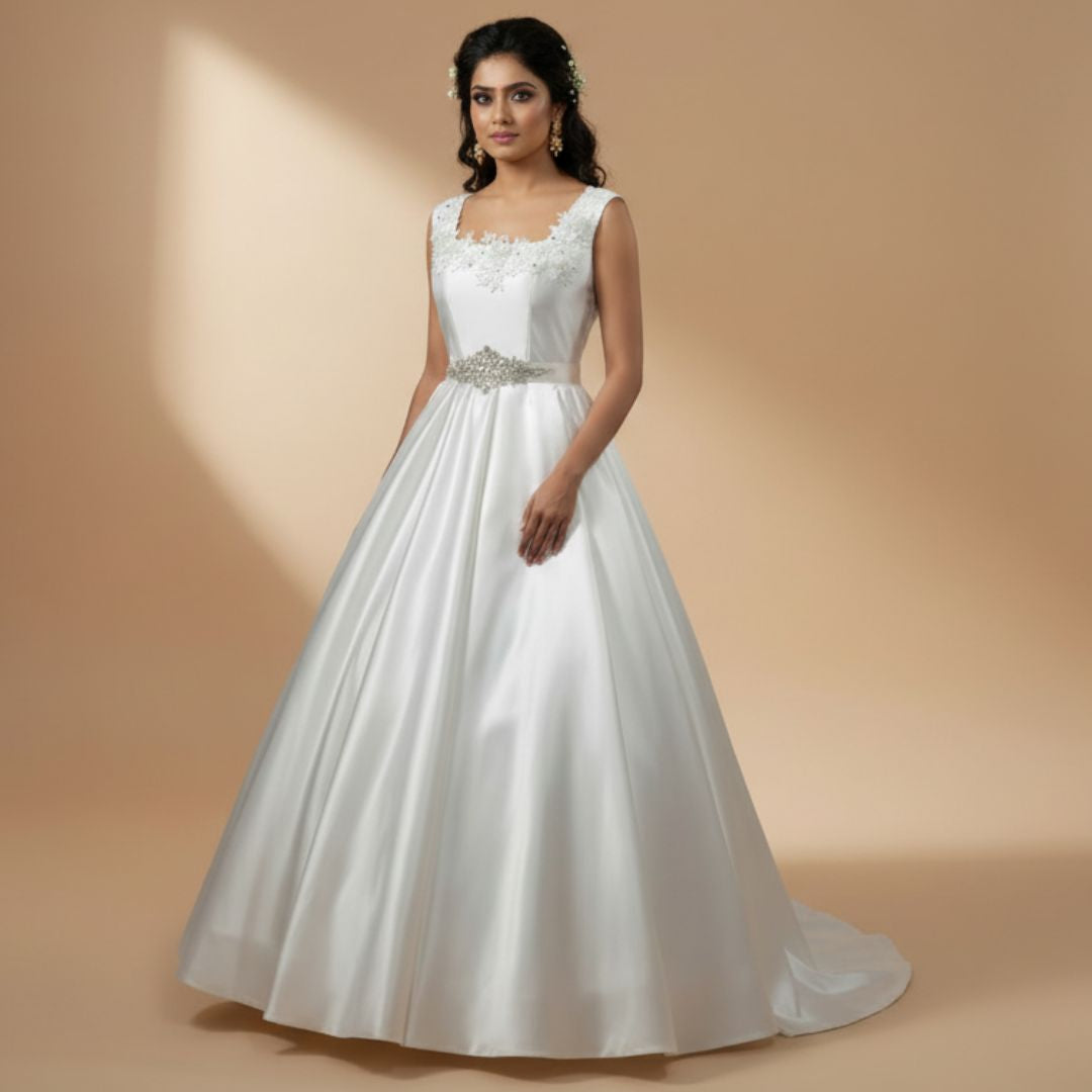 Back view of White Ball Gown Satin showing train and closure detail — GownLink GLHMST21