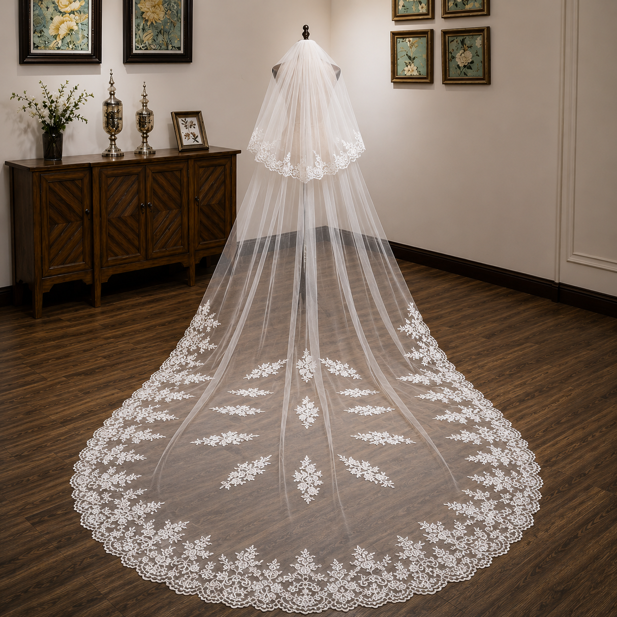 Elegant white tulle bridal veil with floral lace edge and cathedral train for church weddings.