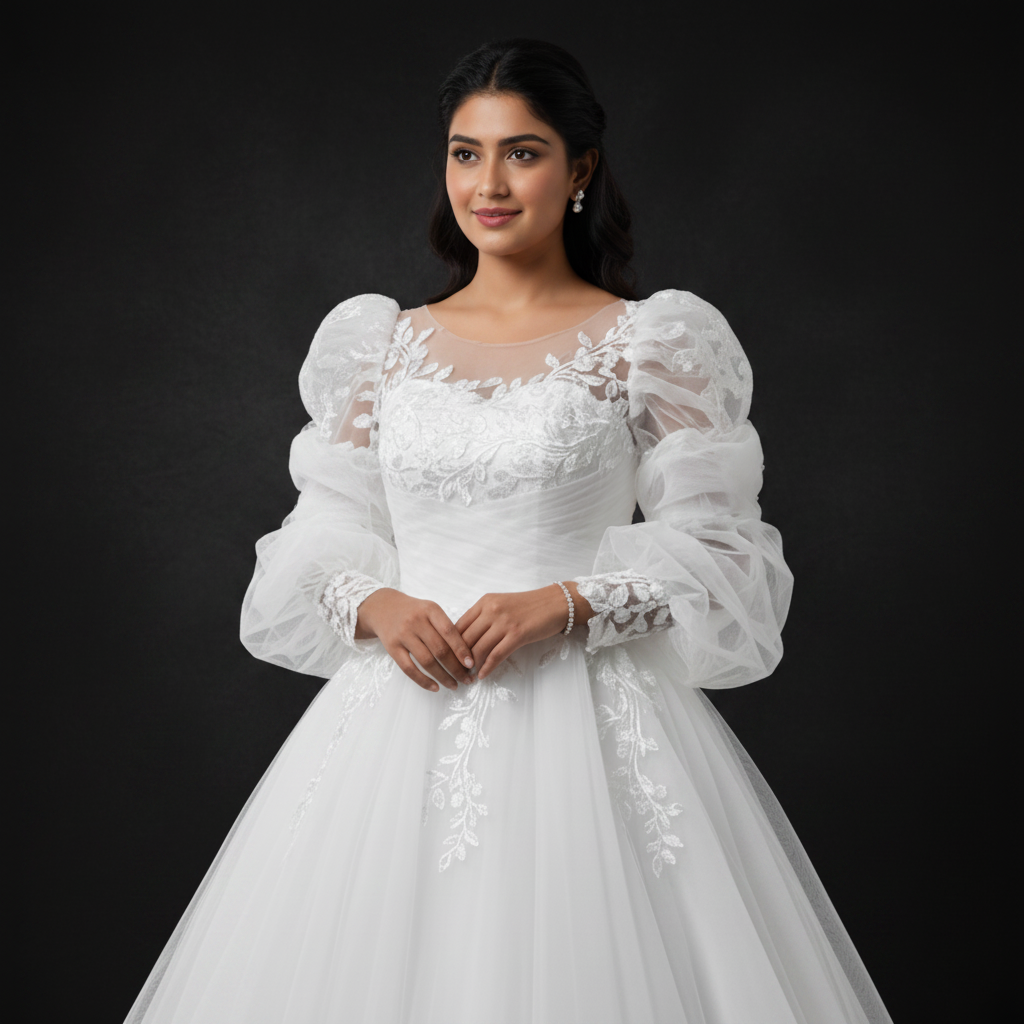 White Christian wedding dress with soft tulle skirt, sheer puff sleeves, and delicate embroidered lace details