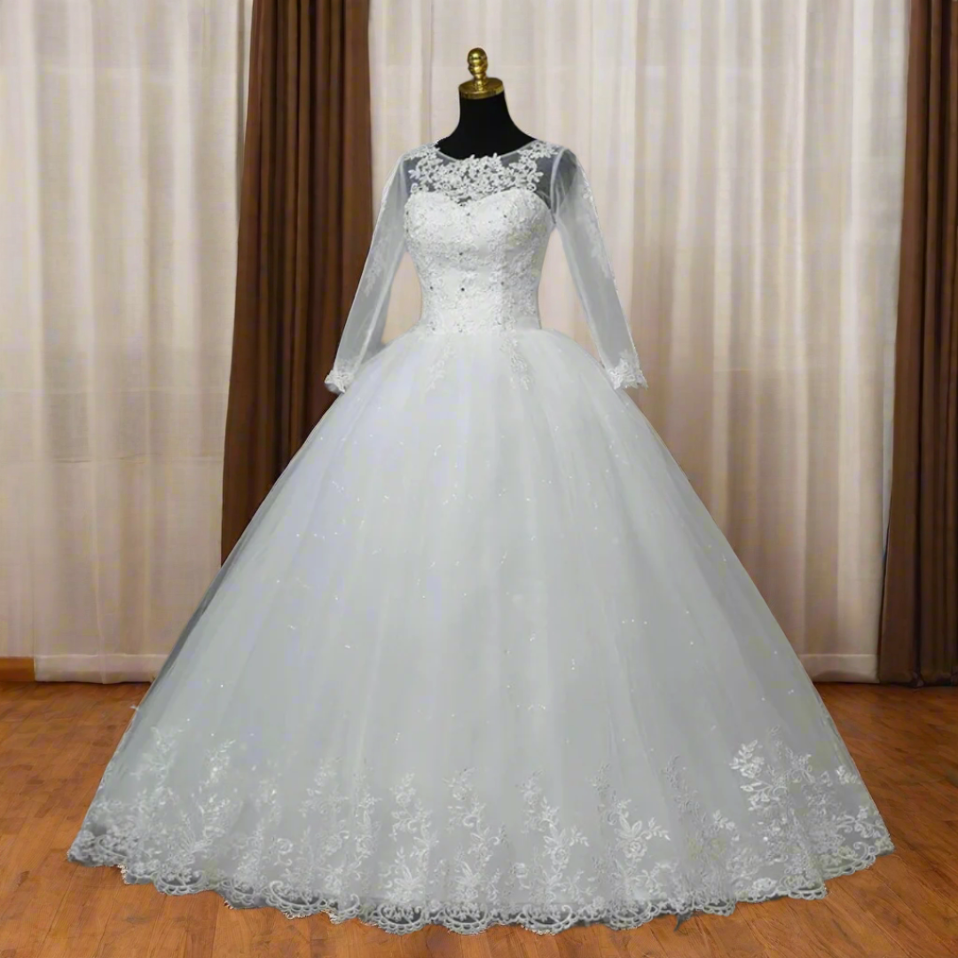 Close-up of lace and fabric detail on White Ball Gown — GownLink GLHSD189CB