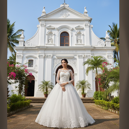 Close-up of lace and fabric detail on White Ball Gown — GownLink GLGF042B