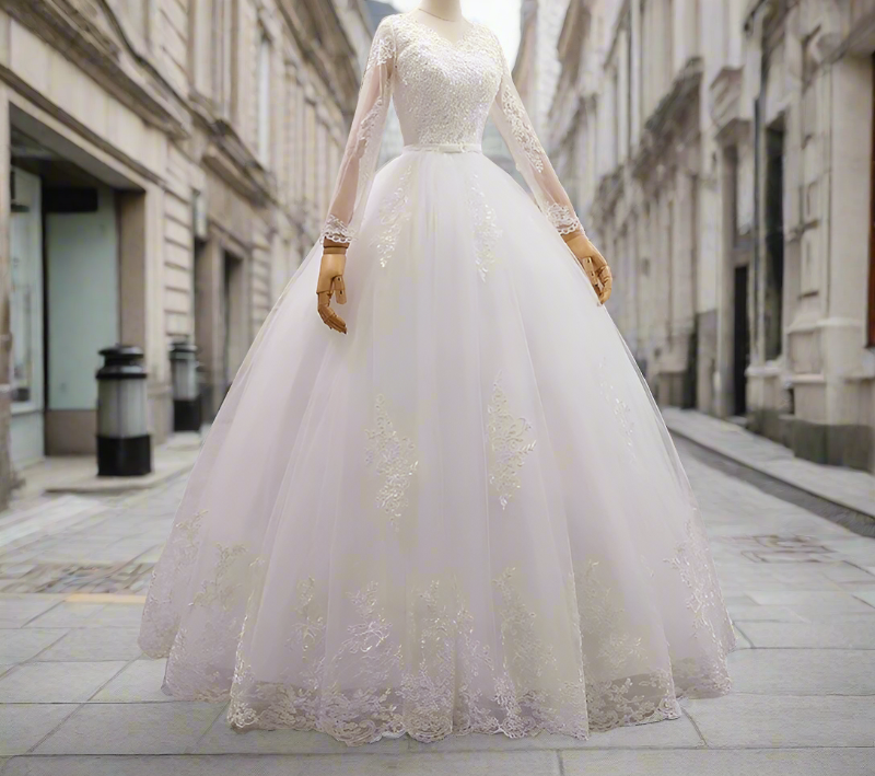White bridal ball gown in village area