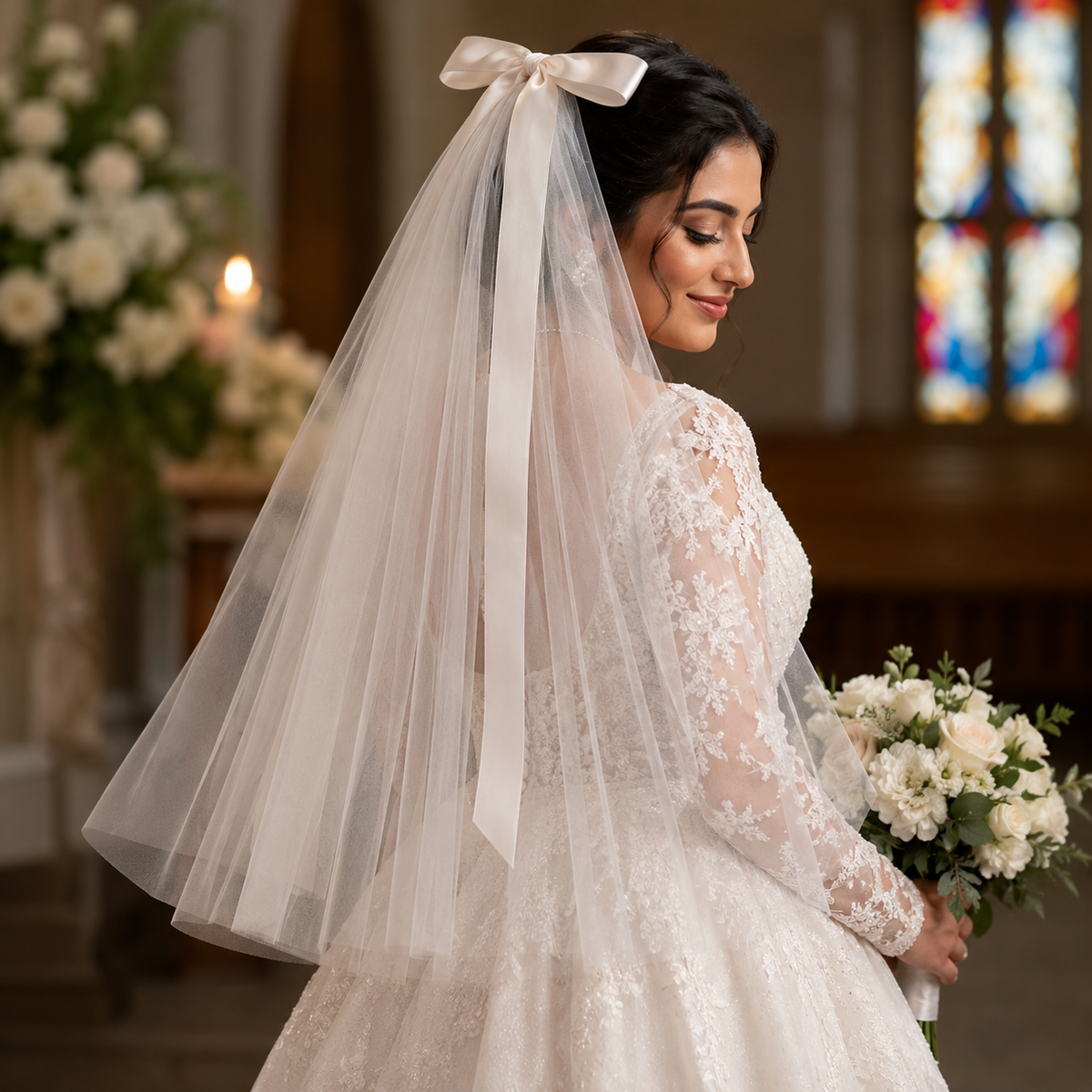 Front view of Cathedral Bridal Veil draped over model — GownLink GLVHM14